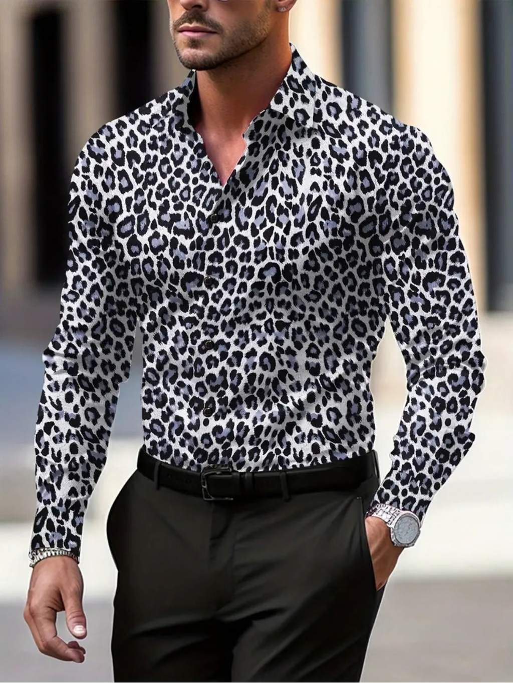 Leopard Print Long Sleeve Shirt for Men