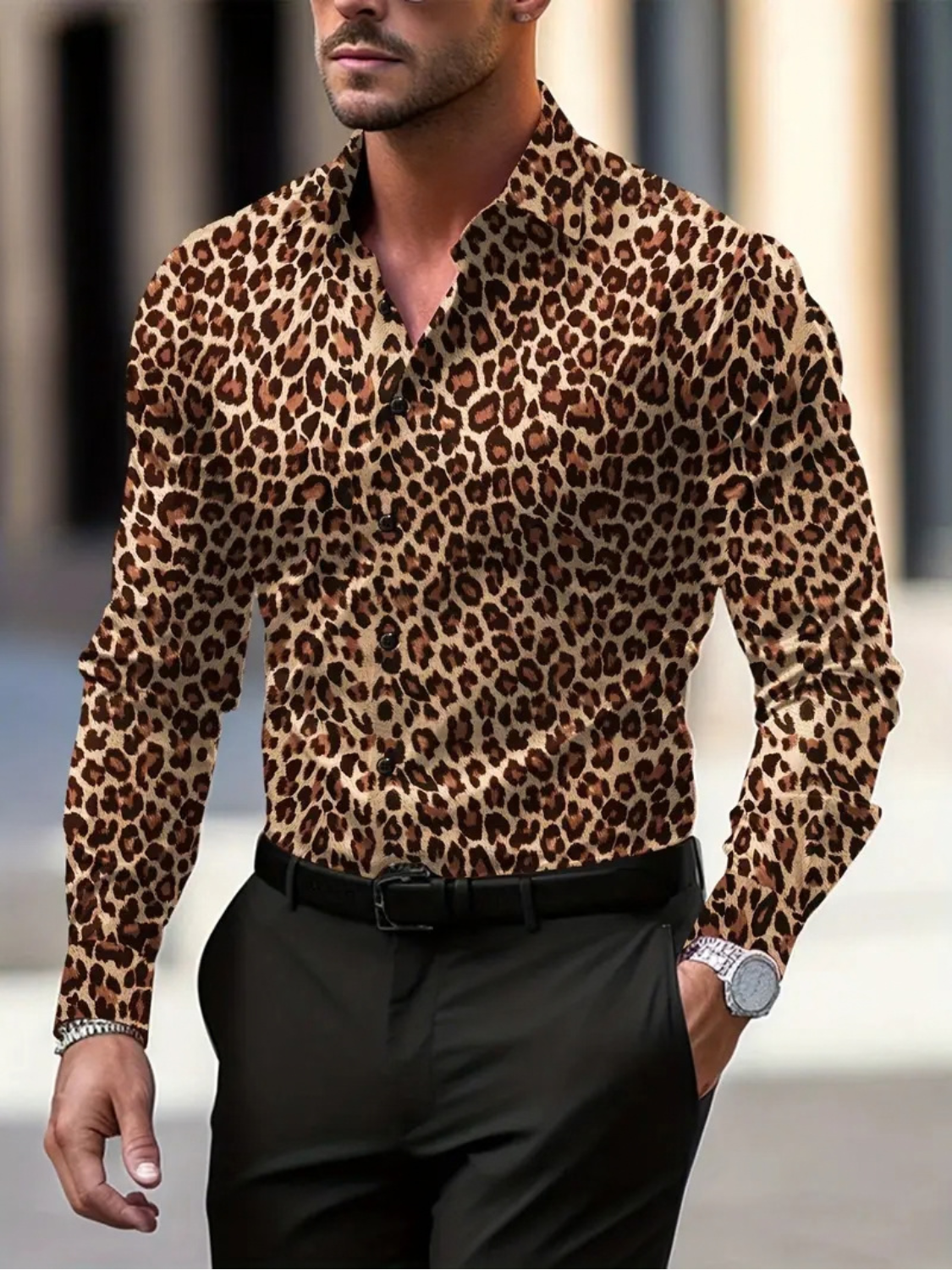 Leopard Print Long Sleeve Shirt for Men