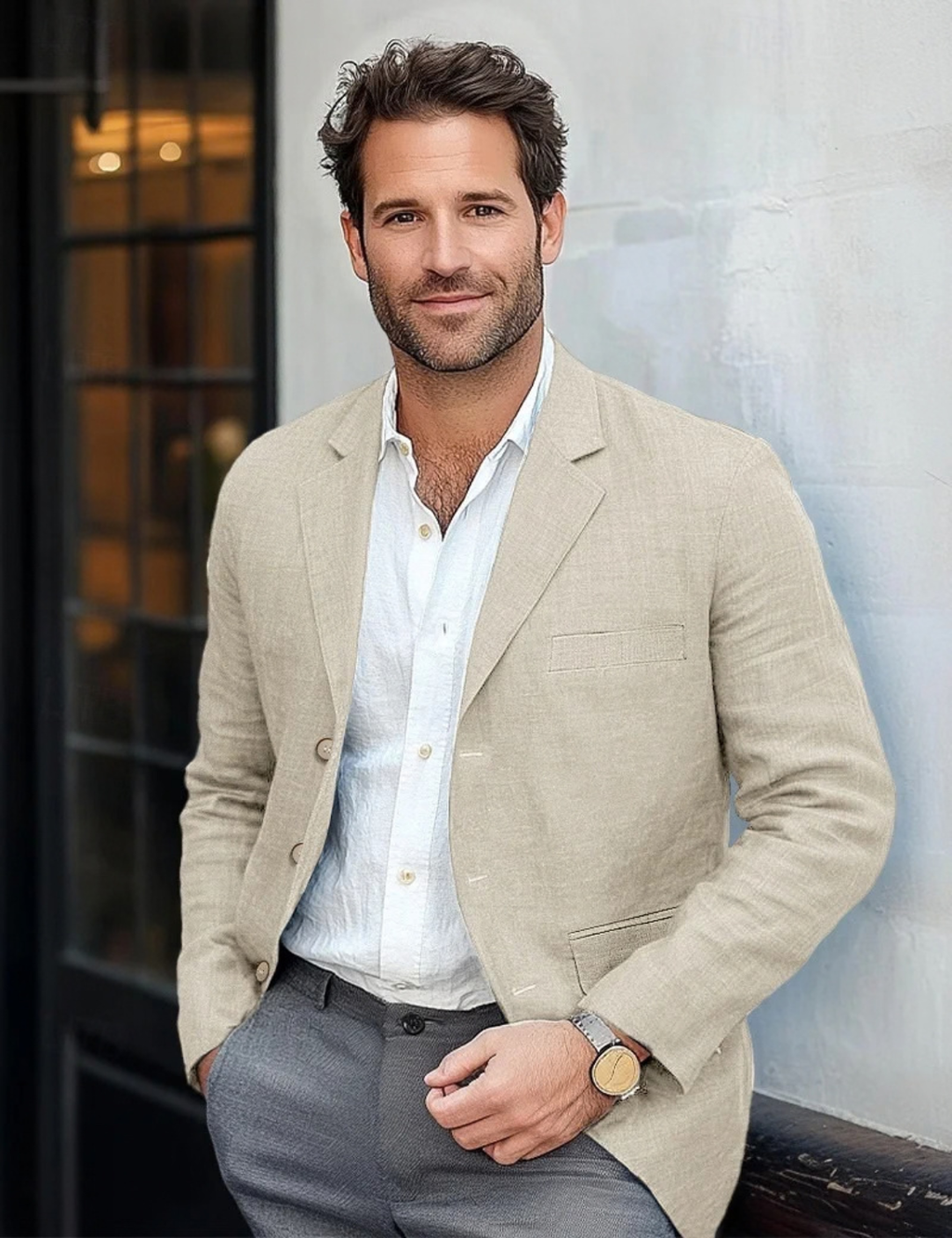 Linen Casual Blazer for Men with Notch Lapel