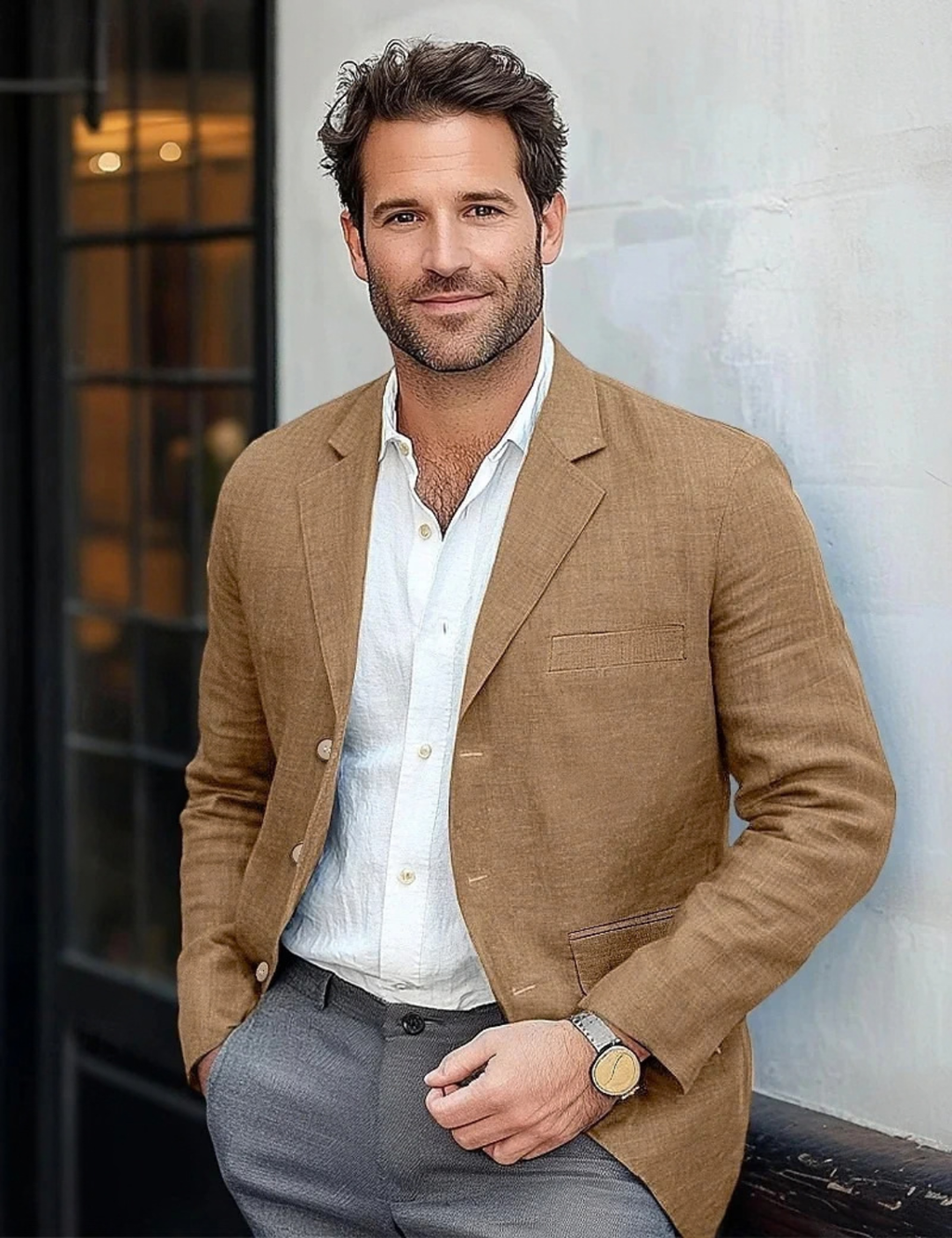 Linen Casual Blazer for Men with Notch Lapel
