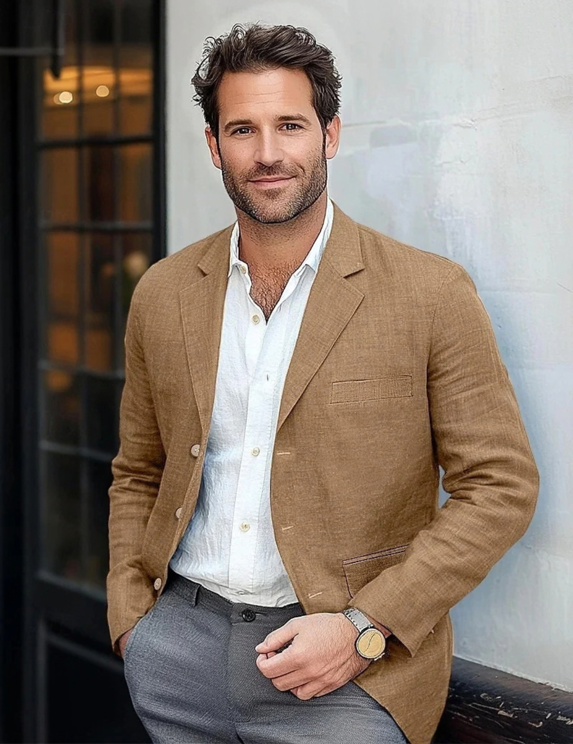 Linen Casual Blazer for Men with Notch Lapel