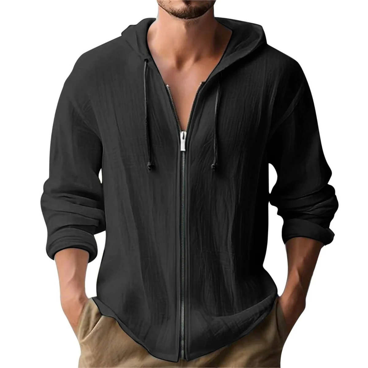 Linen Zip-Up Hoodie Jacket for Men