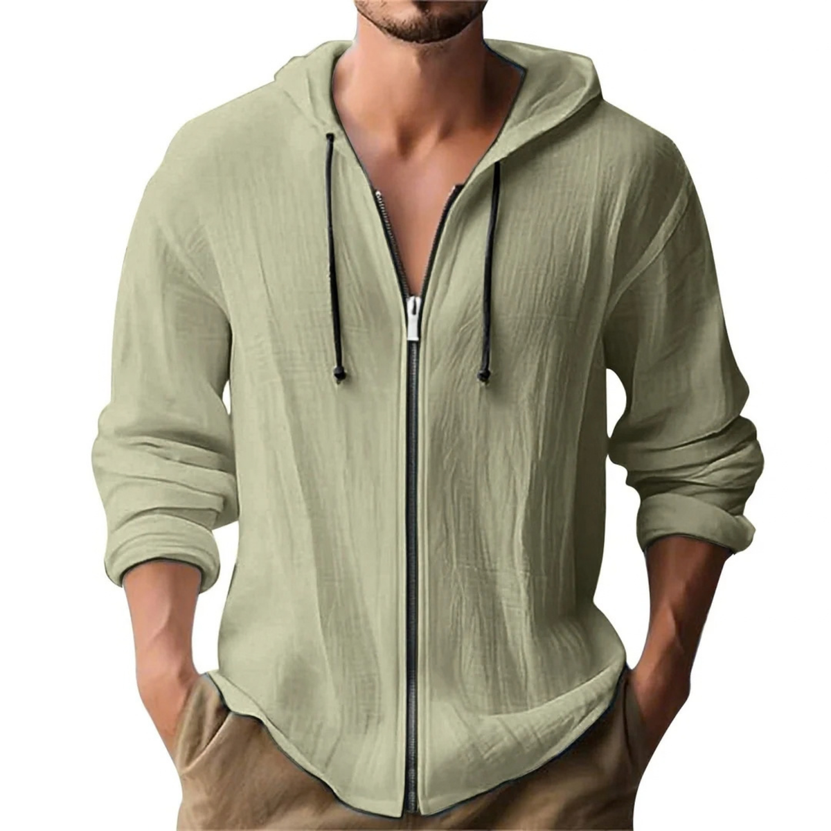 Linen Zip-Up Hoodie Jacket for Men