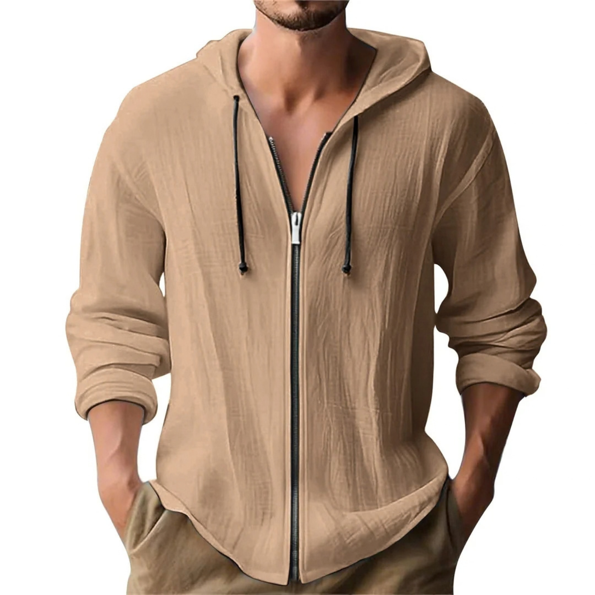 Linen Zip-Up Hoodie Jacket for Men