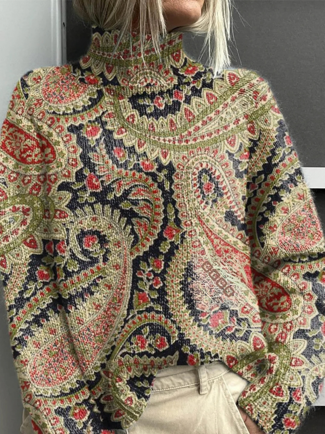 Paisley Print Oversized Turtleneck Sweater for Women
