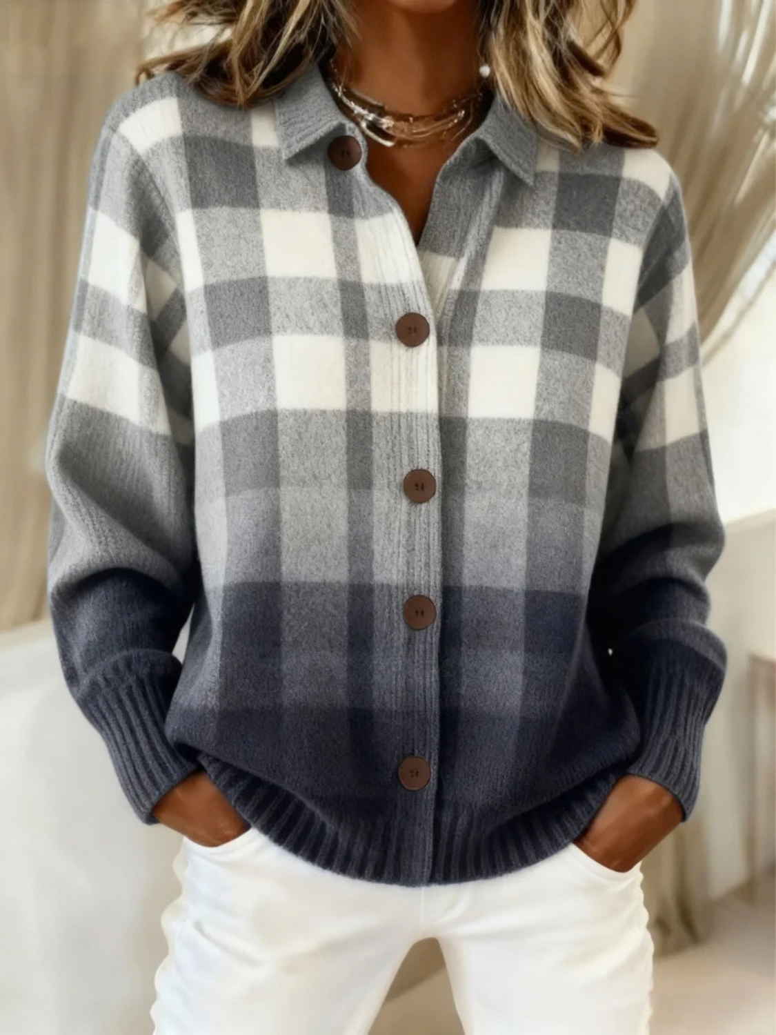 Plaid Knit Cardigan for Women with Ombre Fade