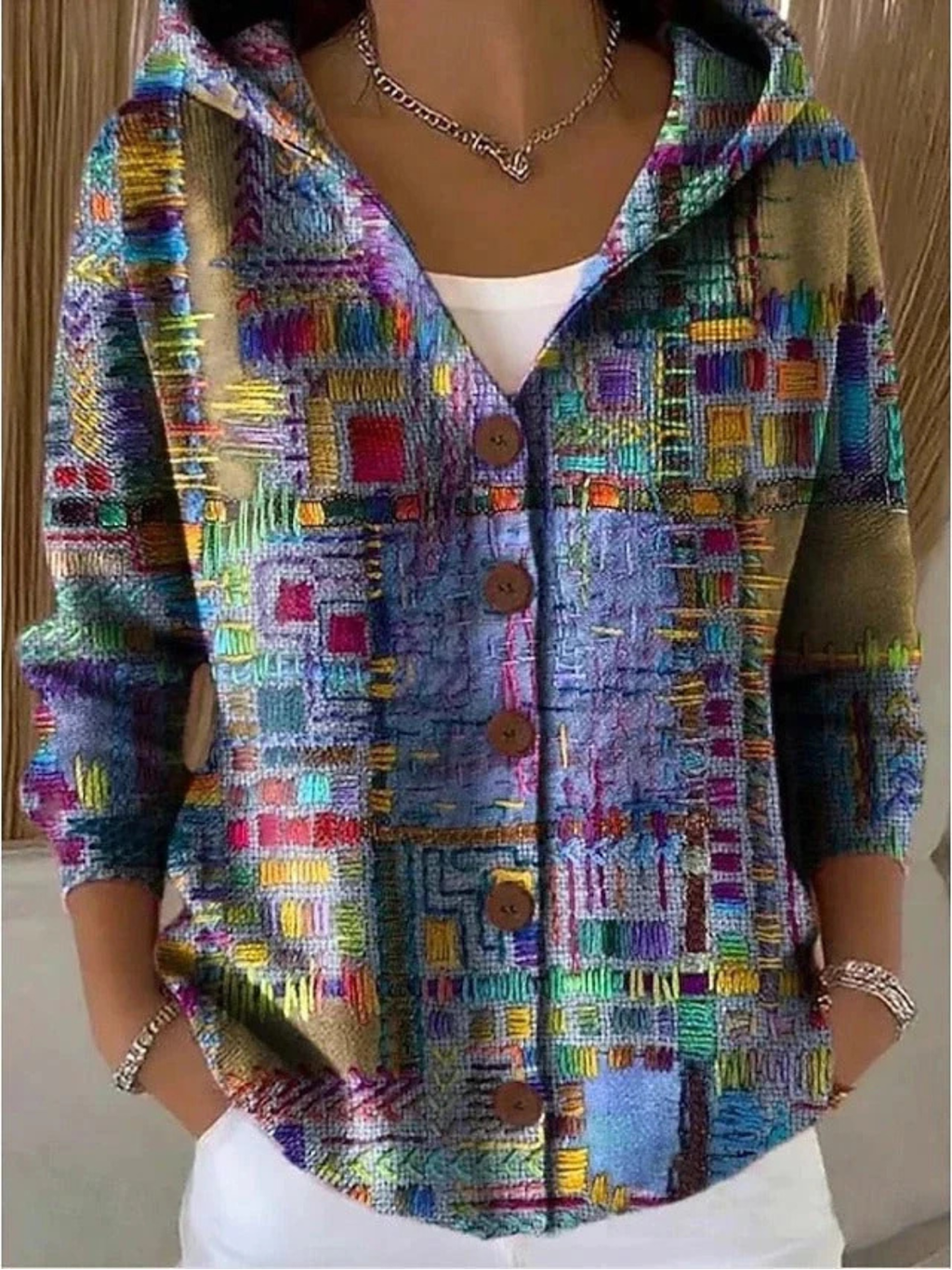 Print Hooded Sweater for Women with Button-Up Front