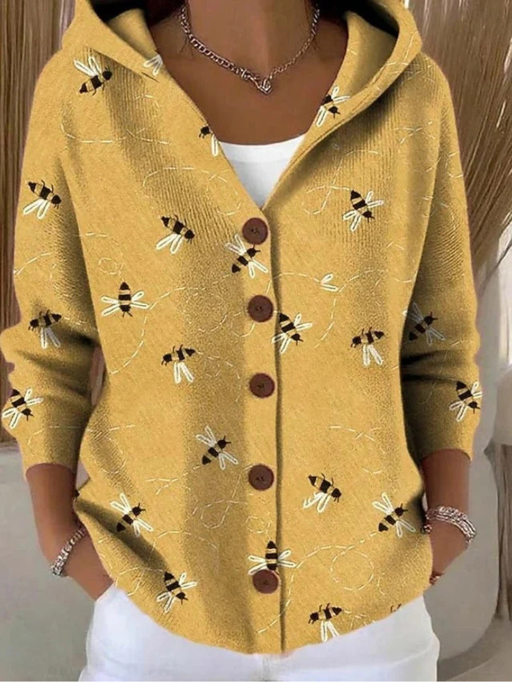 Print Hooded Sweater for Women with Button-Up Front