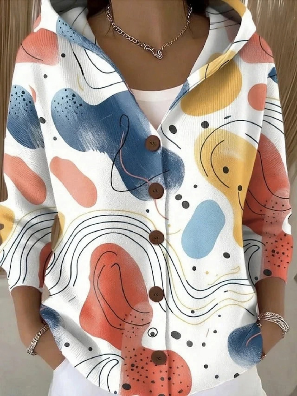 Print Hooded Sweater for Women with Button-Up Front