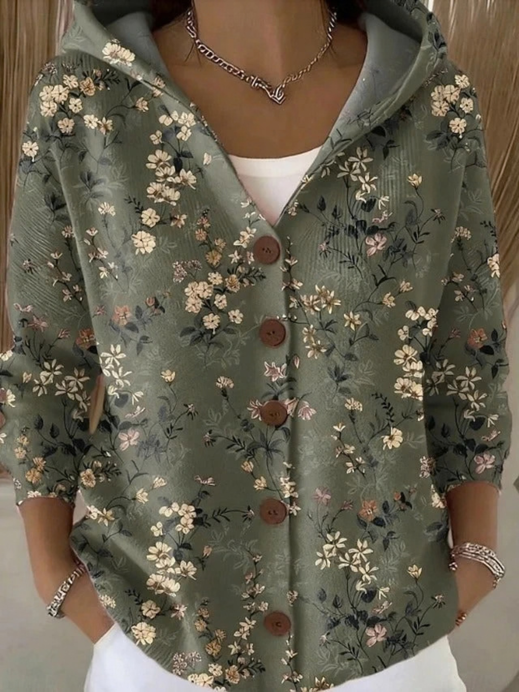 Print Hooded Sweater for Women with Button-Up Front