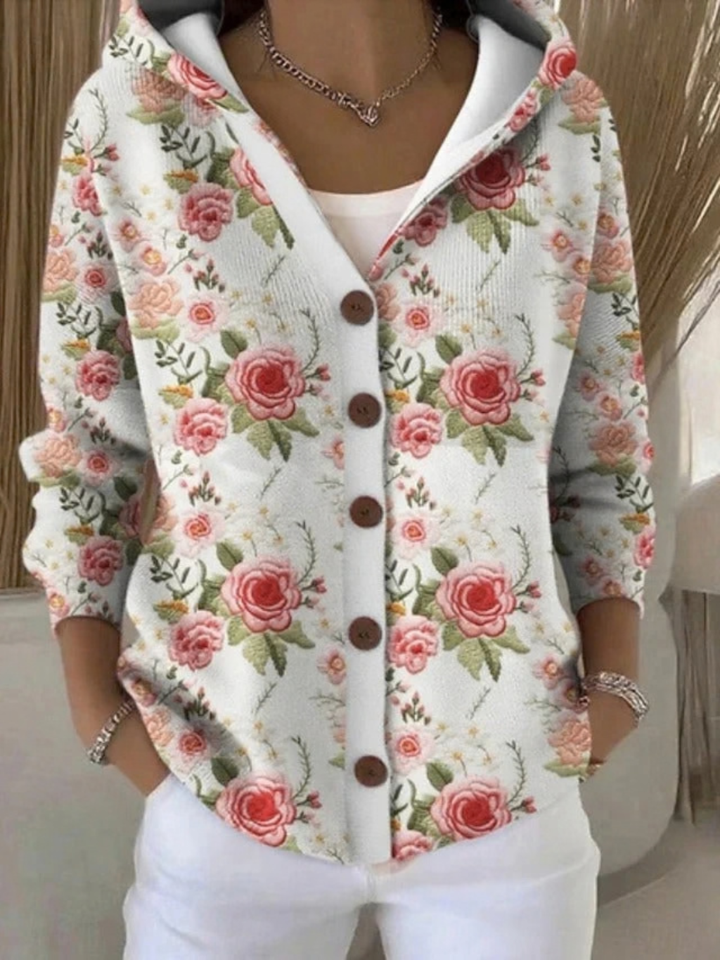 Print Hooded Sweater for Women with Button-Up Front