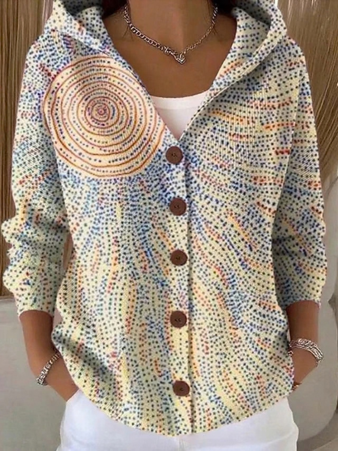 Print Hooded Sweater for Women with Button-Up Front