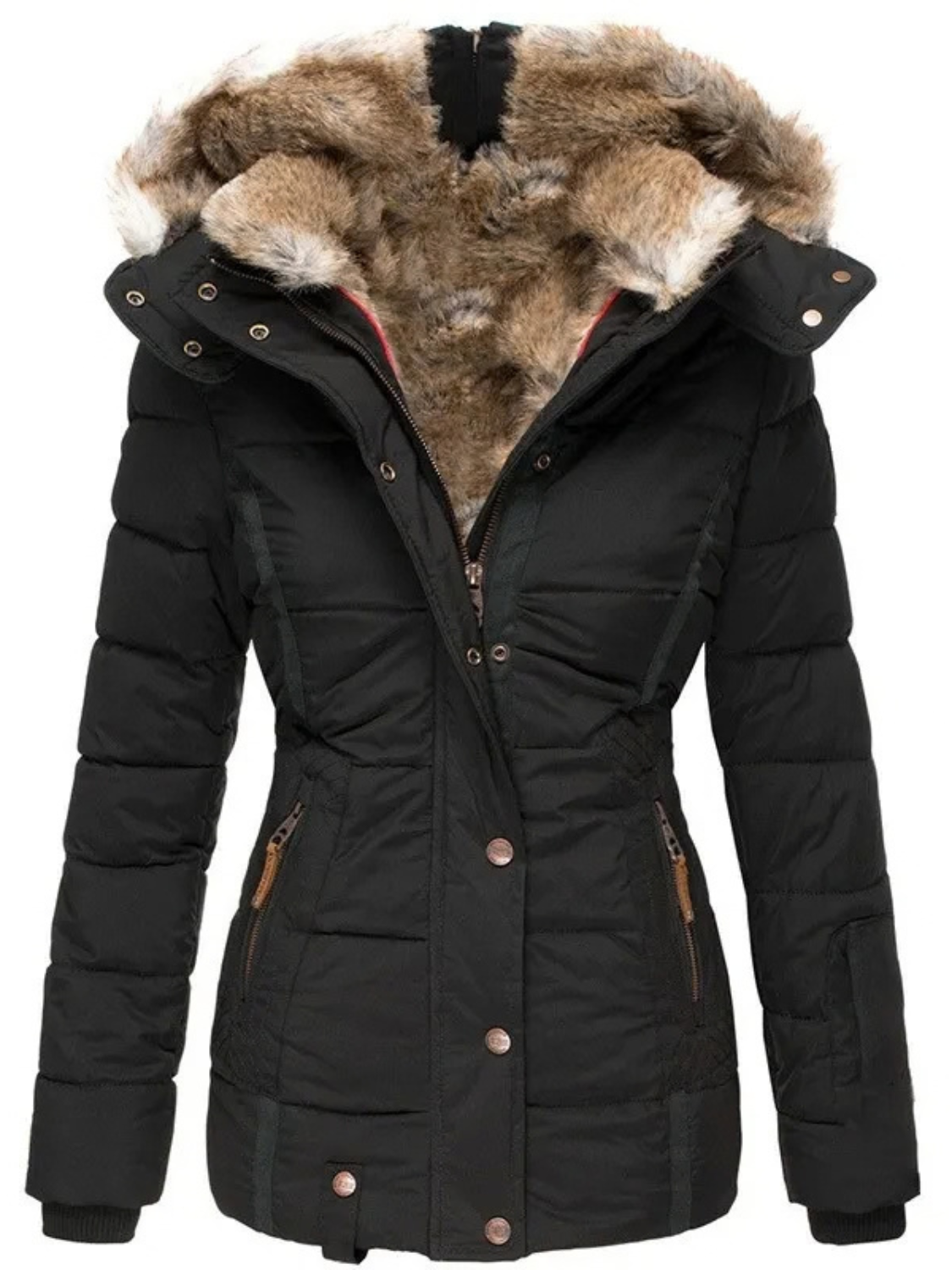 Quilted Puffer Jacket for Women with Faux Fur Hood