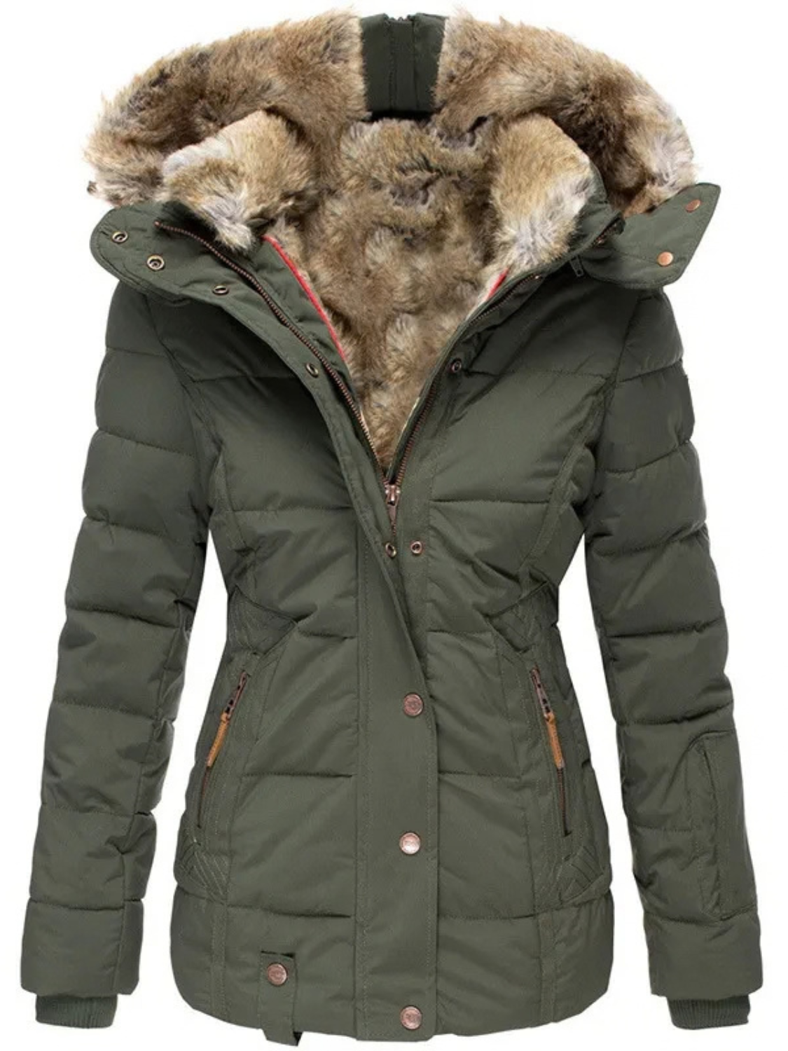 Quilted Puffer Jacket for Women with Faux Fur Hood