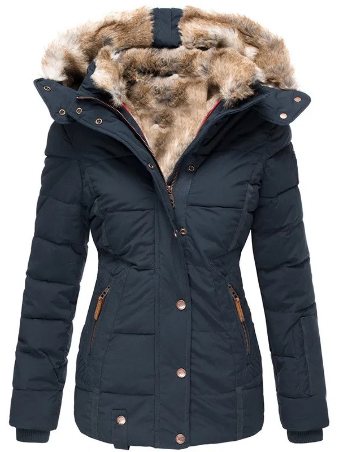 Quilted Puffer Jacket for Women with Faux Fur Hood
