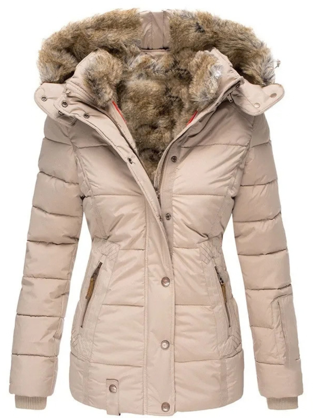 Quilted Puffer Jacket for Women with Faux Fur Hood