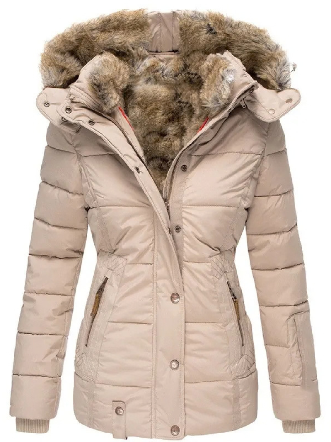Quilted Puffer Jacket for Women with Faux Fur Hood