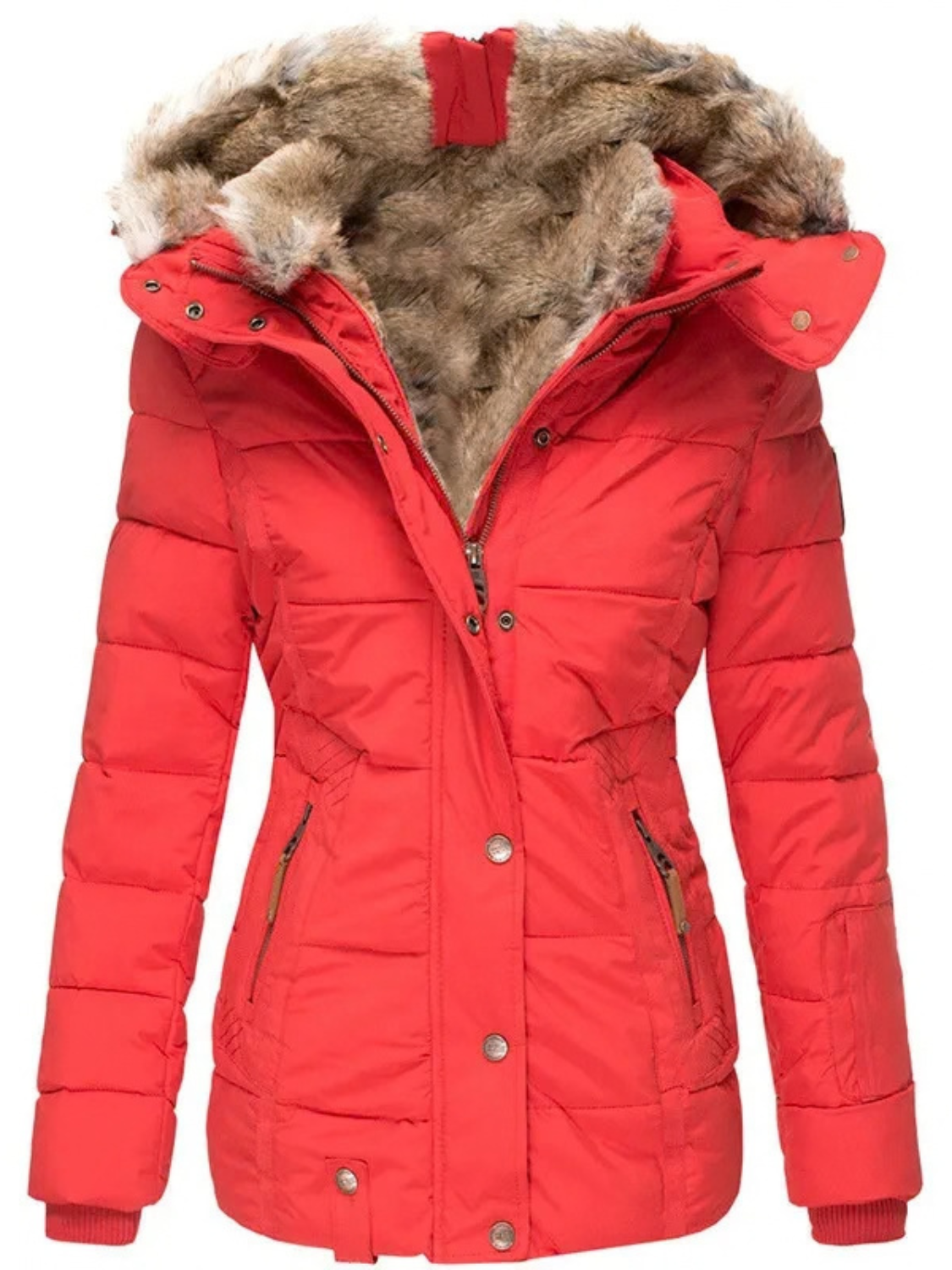 Quilted Puffer Jacket for Women with Faux Fur Hood