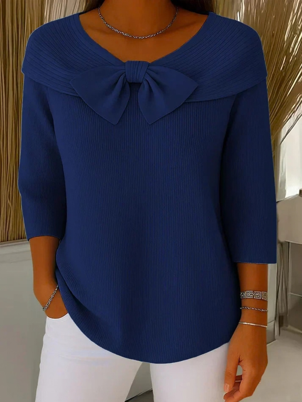 Ribbed Knit Sweater for Women with Bow Neckline
