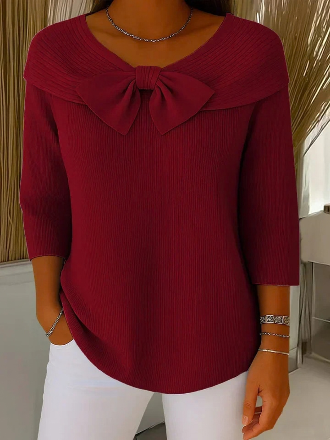 Ribbed Knit Sweater for Women with Bow Neckline