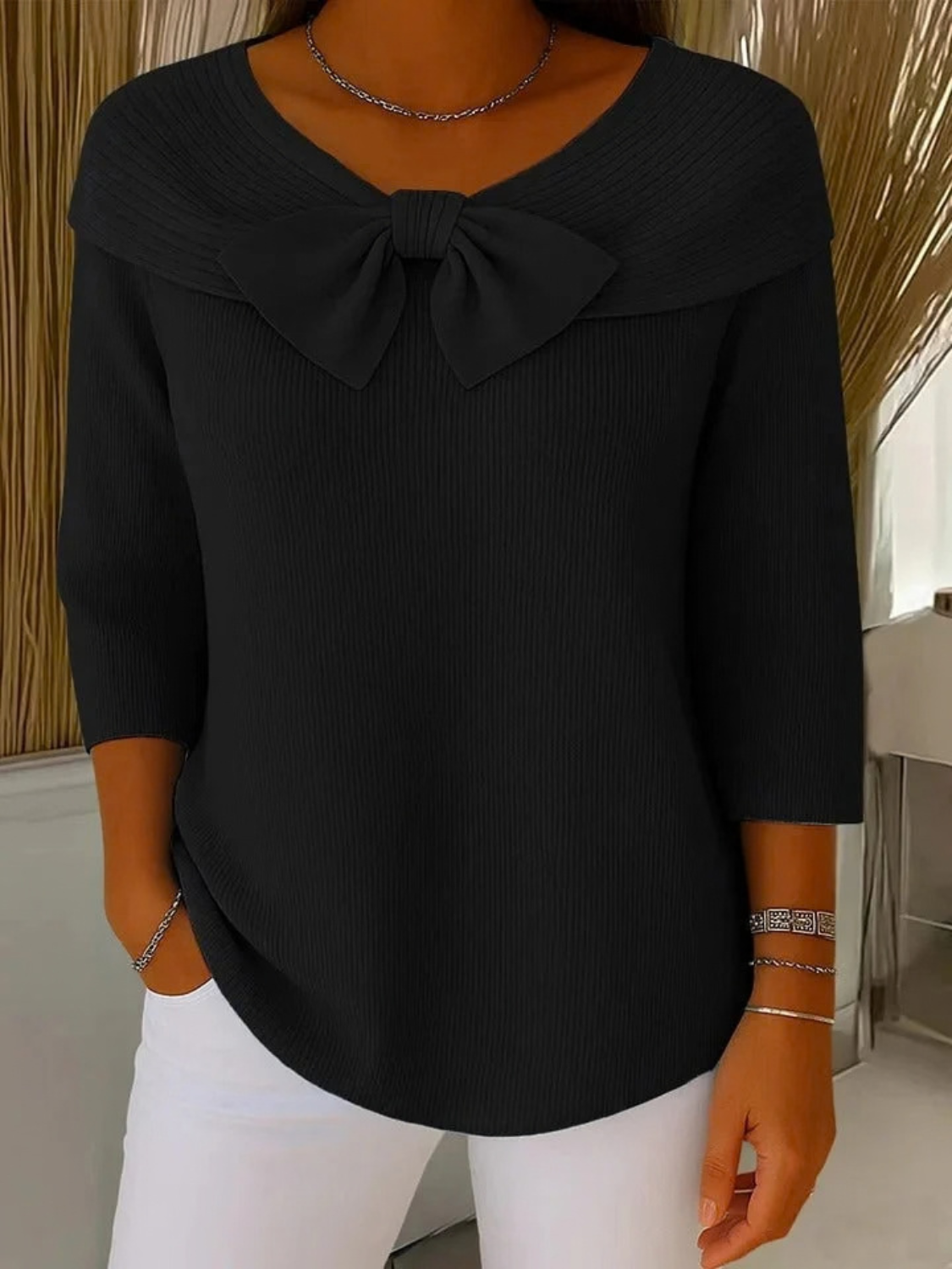 Ribbed Knit Sweater for Women with Bow Neckline