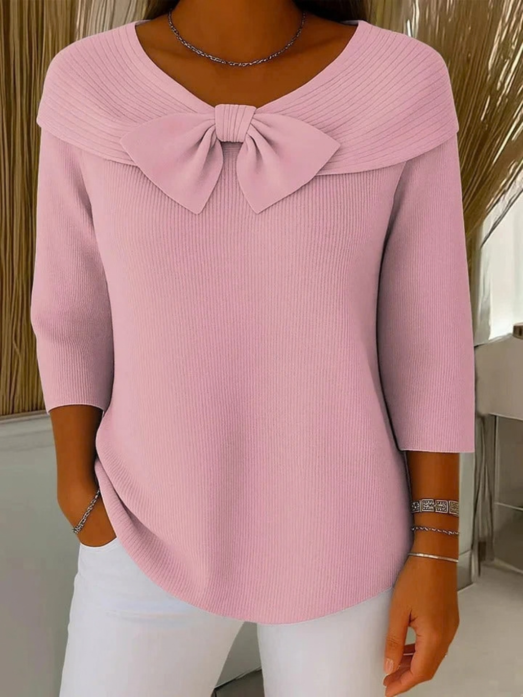 Ribbed Knit Sweater for Women with Bow Neckline