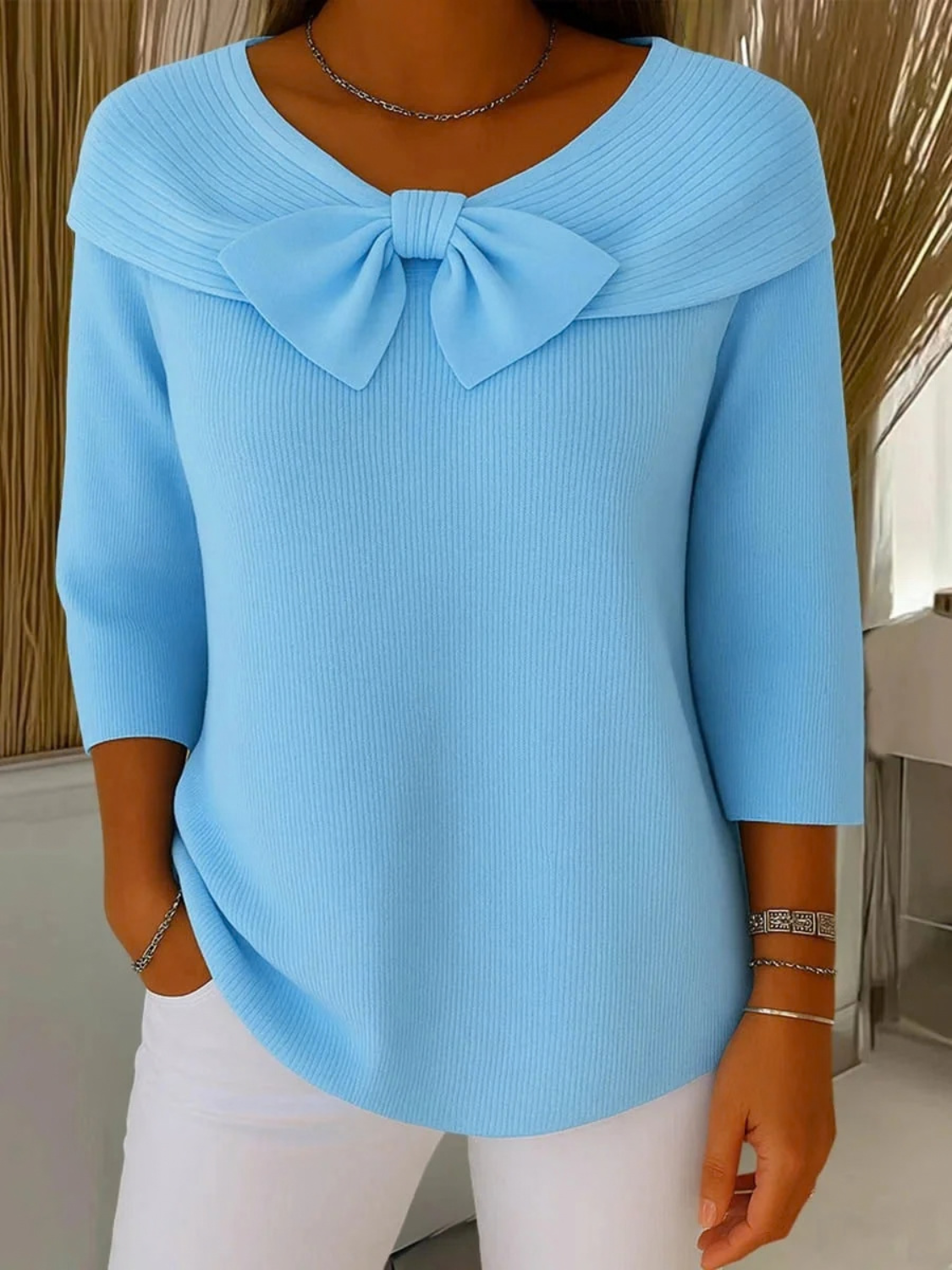 Ribbed Knit Sweater for Women with Bow Neckline