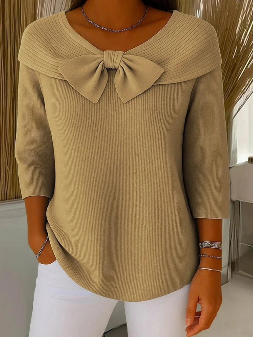 Ribbed Knit Sweater for Women with Bow Neckline