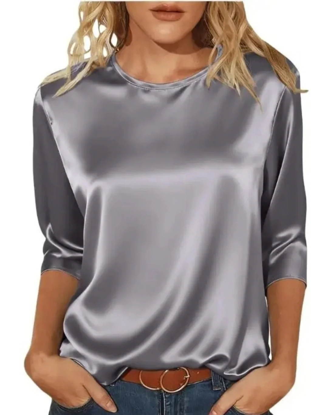 Satin Round Neck 3/4 Sleeve Top for Women