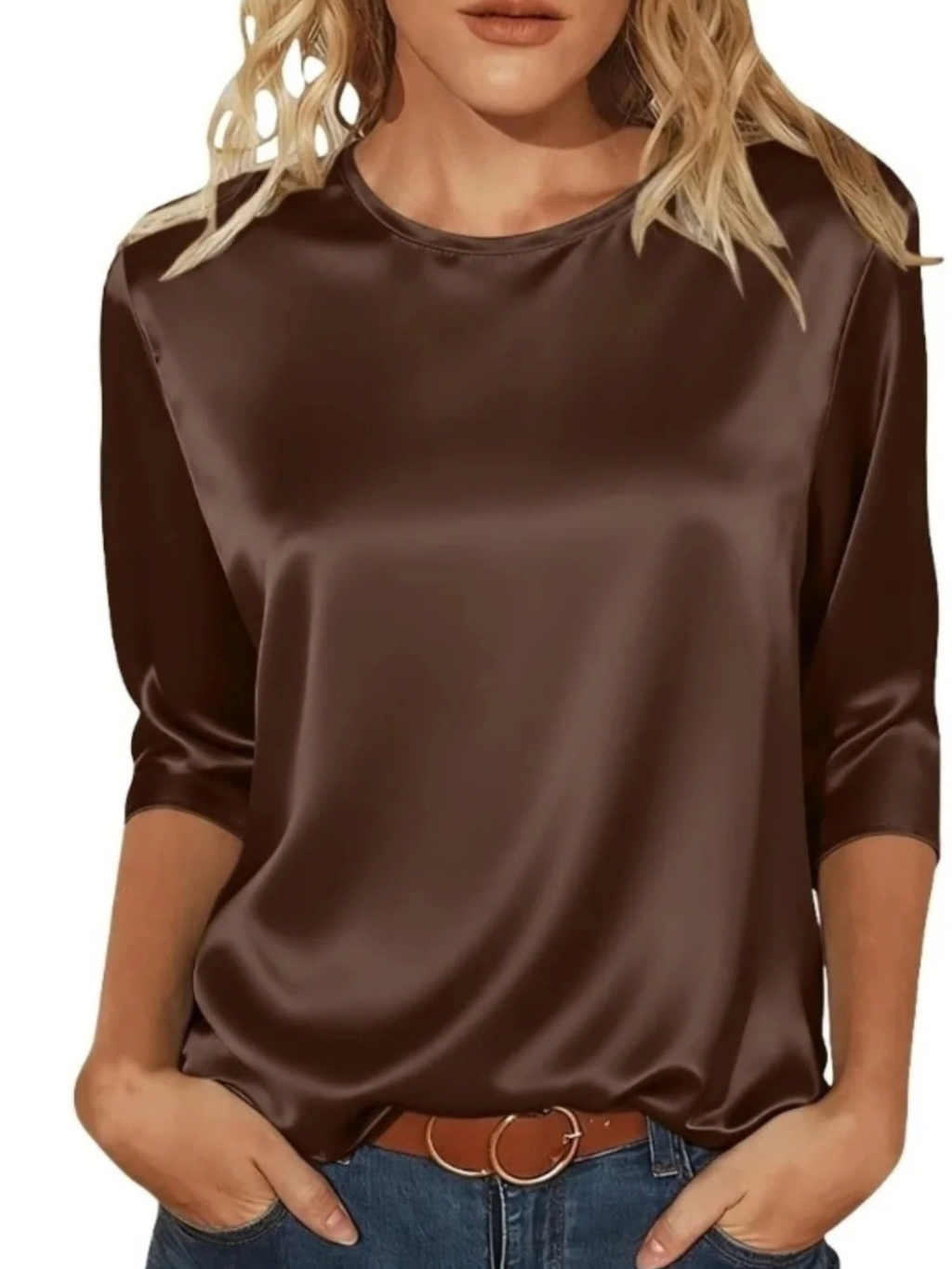 Satin Round Neck 3/4 Sleeve Top for Women