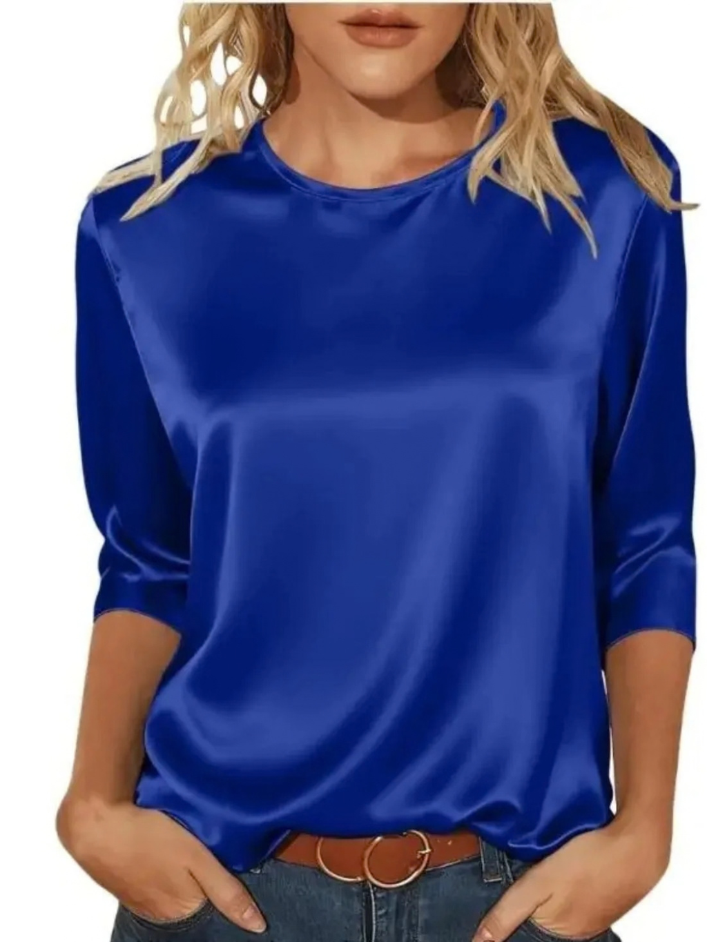 Satin Round Neck 3/4 Sleeve Top for Women