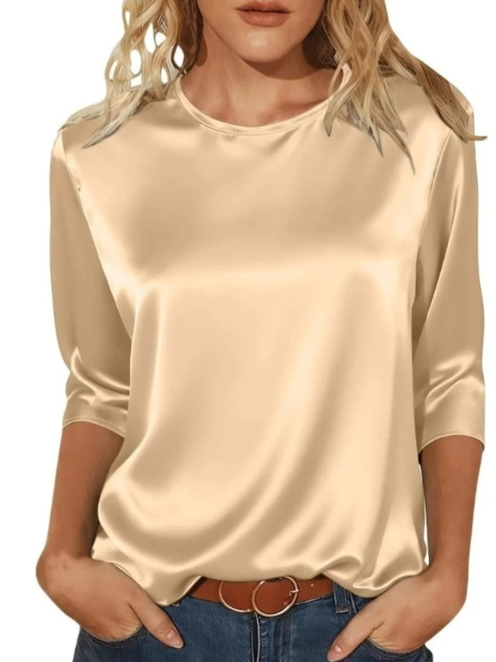 Satin Round Neck 3/4 Sleeve Top for Women