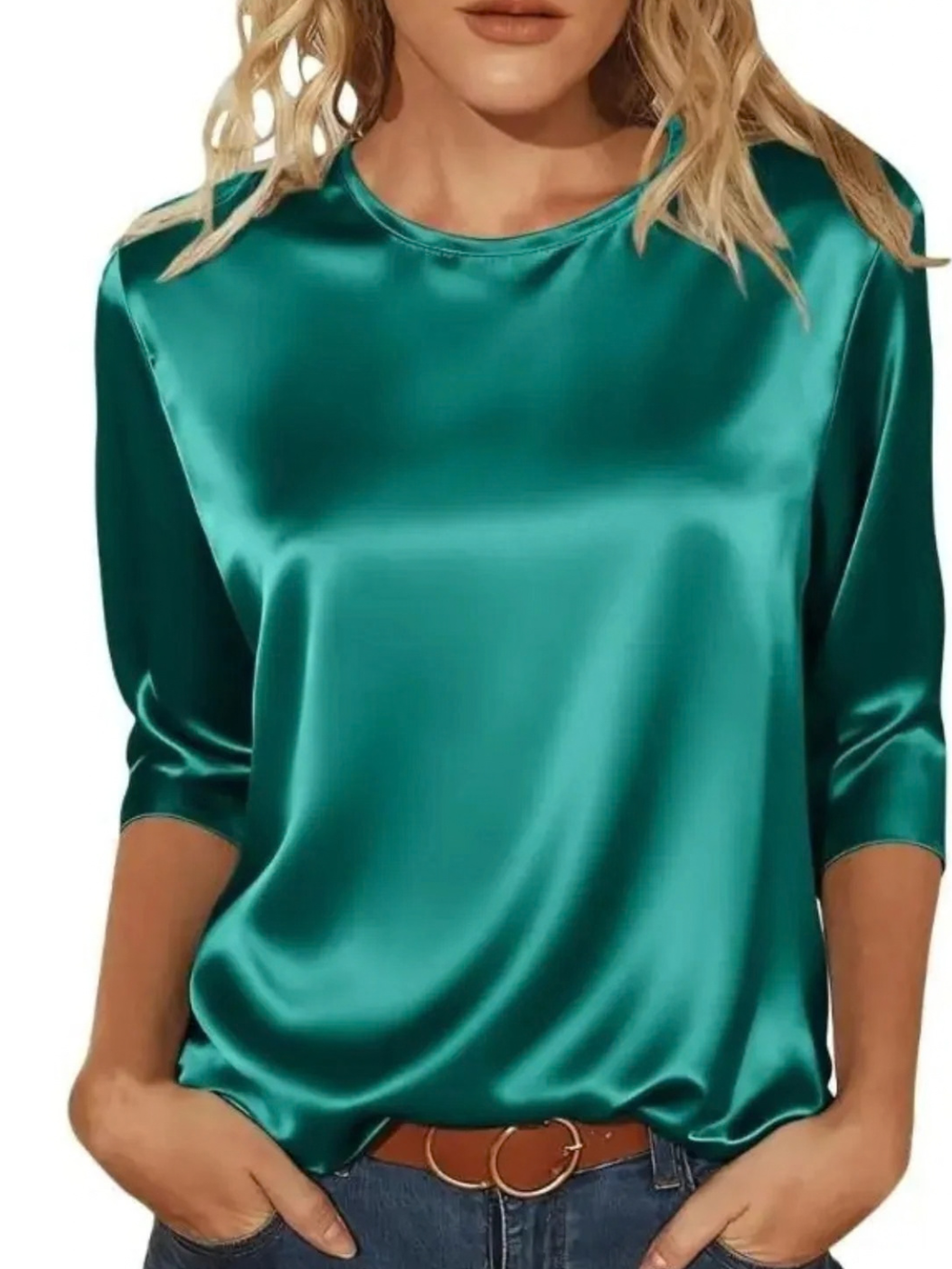 Satin Round Neck 3/4 Sleeve Top for Women