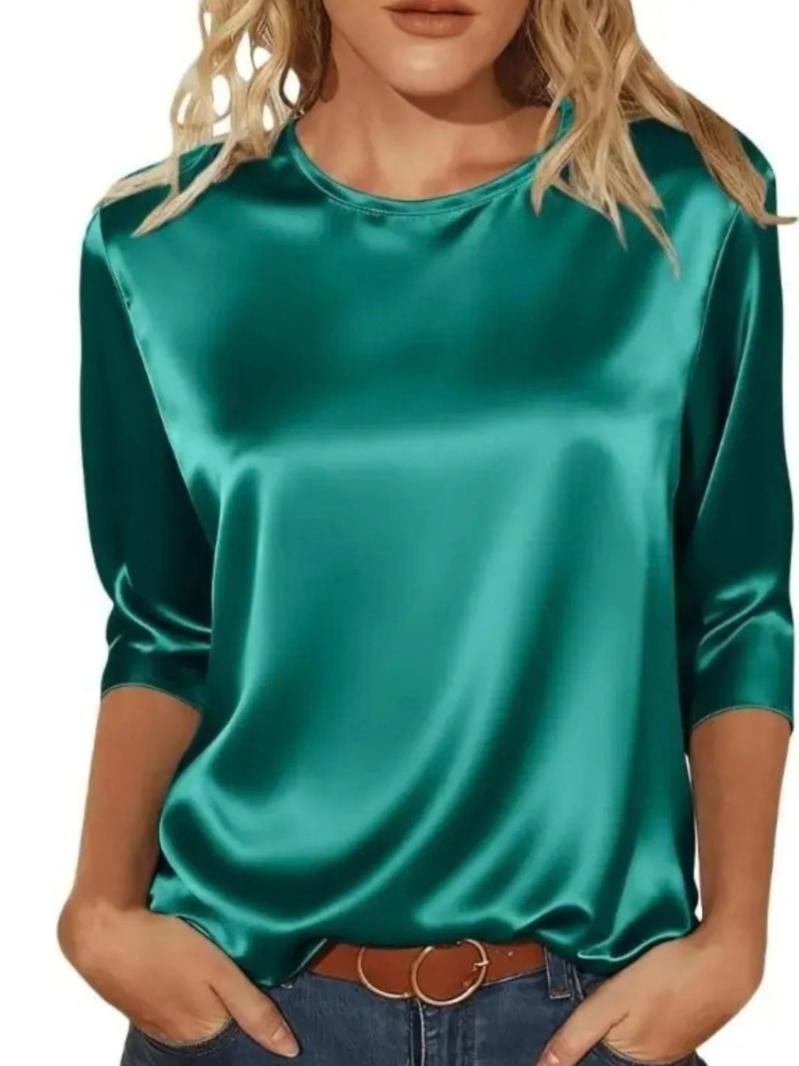 Satin Round Neck 3/4 Sleeve Top for Women