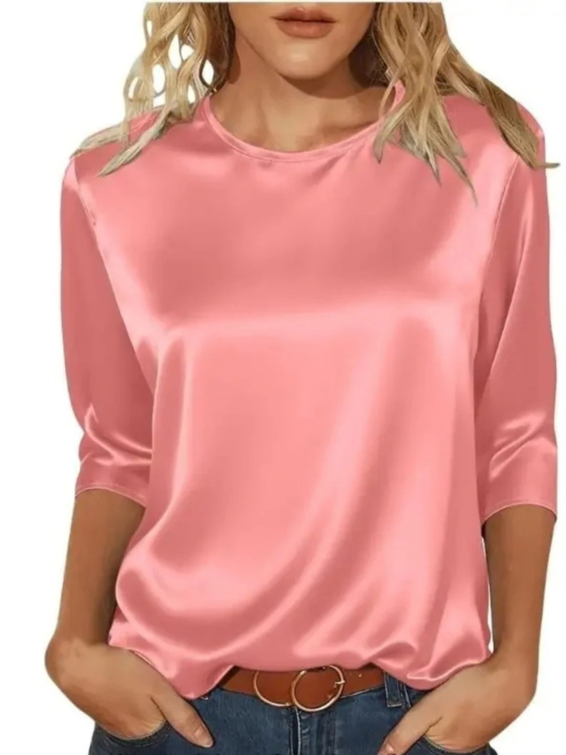 Satin Round Neck 3/4 Sleeve Top for Women