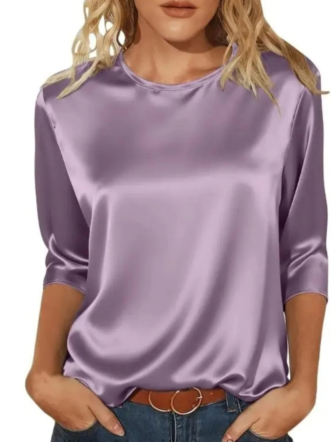 Satin Round Neck 3/4 Sleeve Top for Women