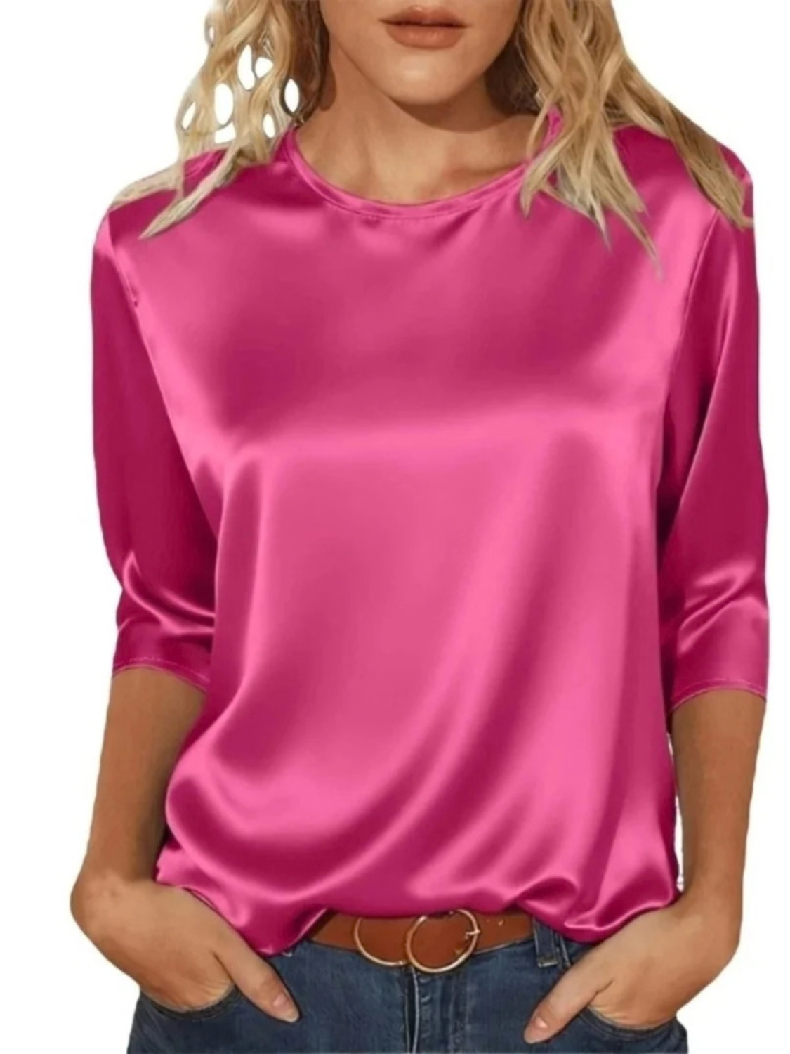 Satin Round Neck 3/4 Sleeve Top for Women