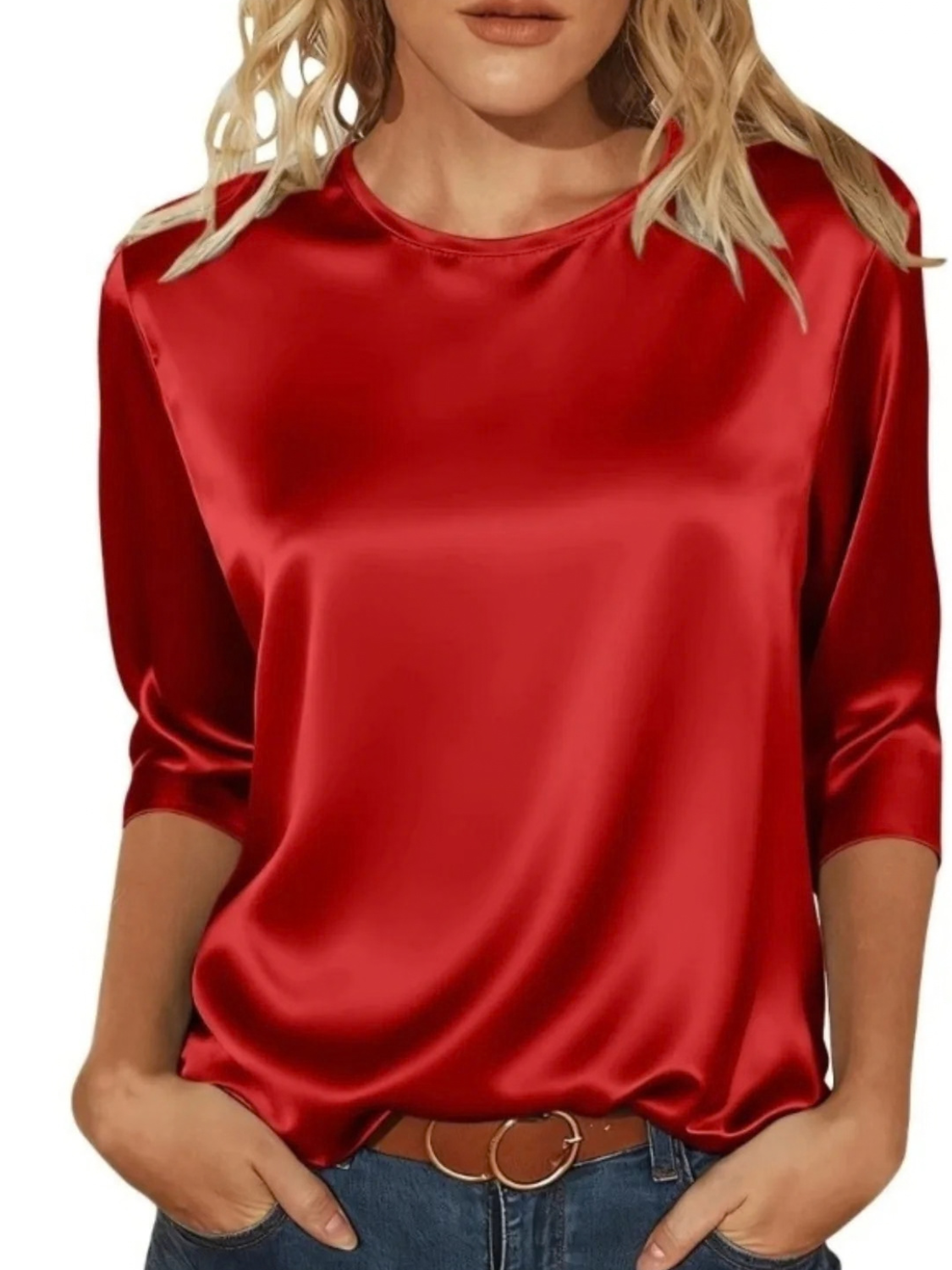 Satin Round Neck 3/4 Sleeve Top for Women
