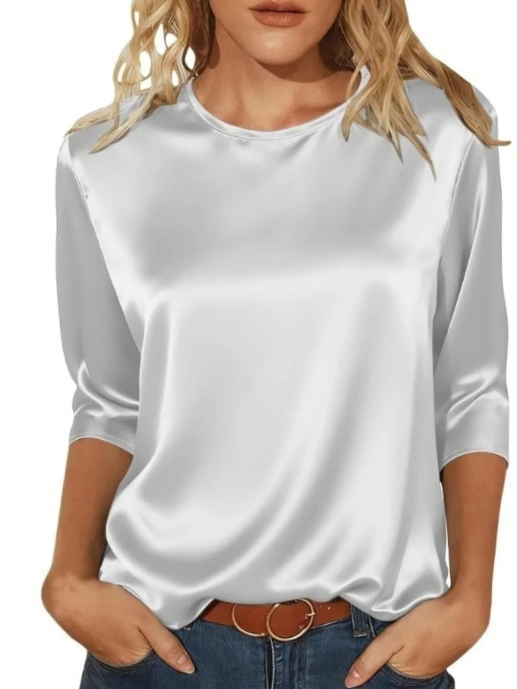 Satin Round Neck 3/4 Sleeve Top for Women