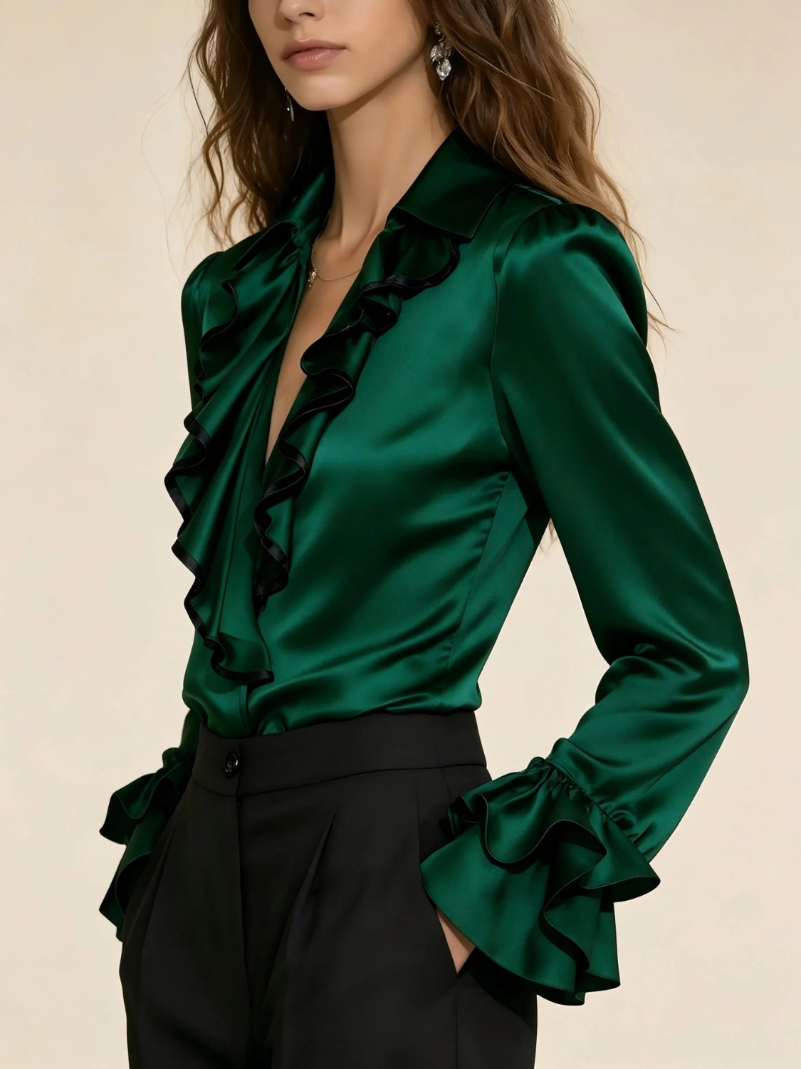 Satin Ruffle V Neck Blouse for Women with Flared Ruffle Cuffs