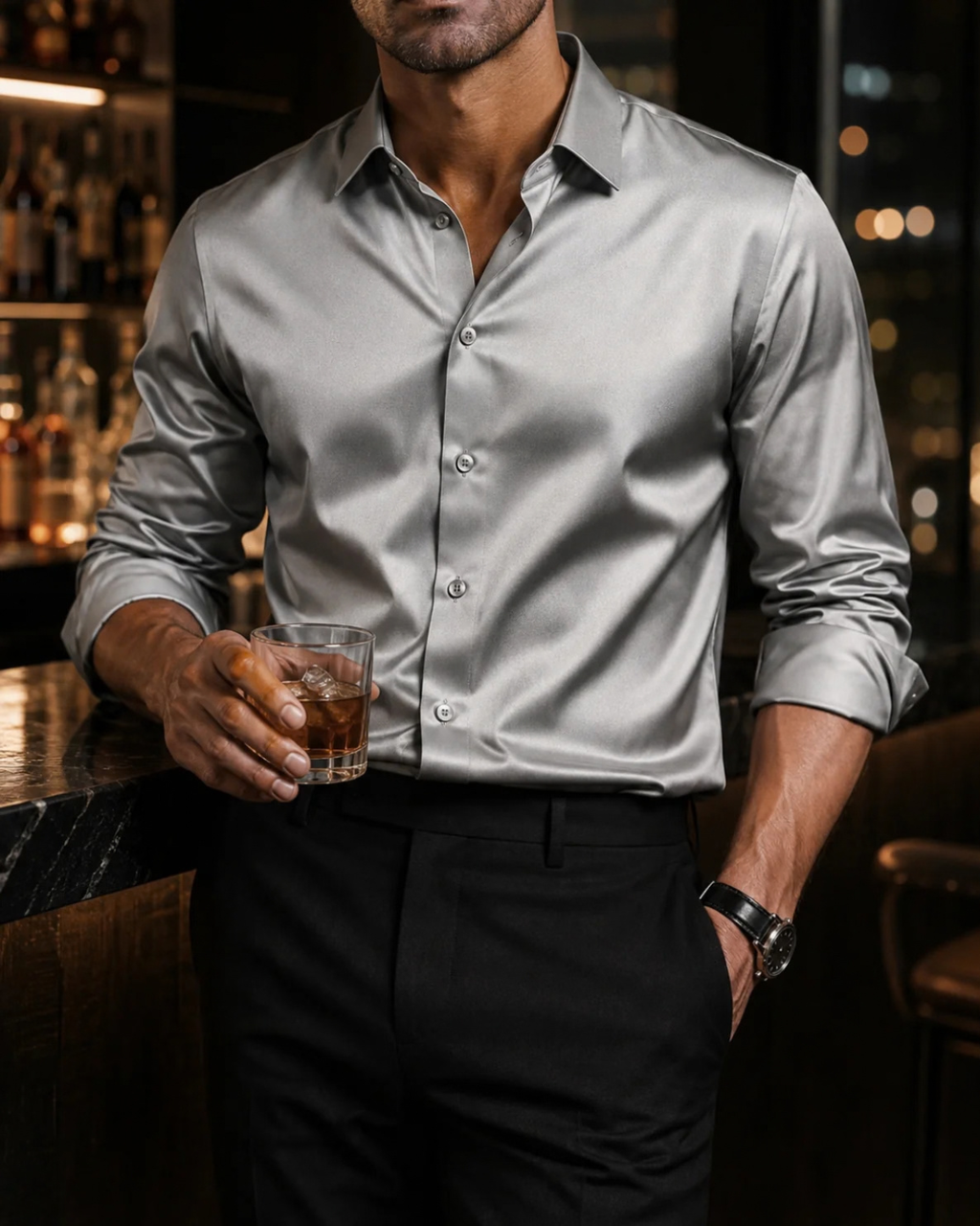 Satin Slim-Fit Shirt for Men with Long Sleeves