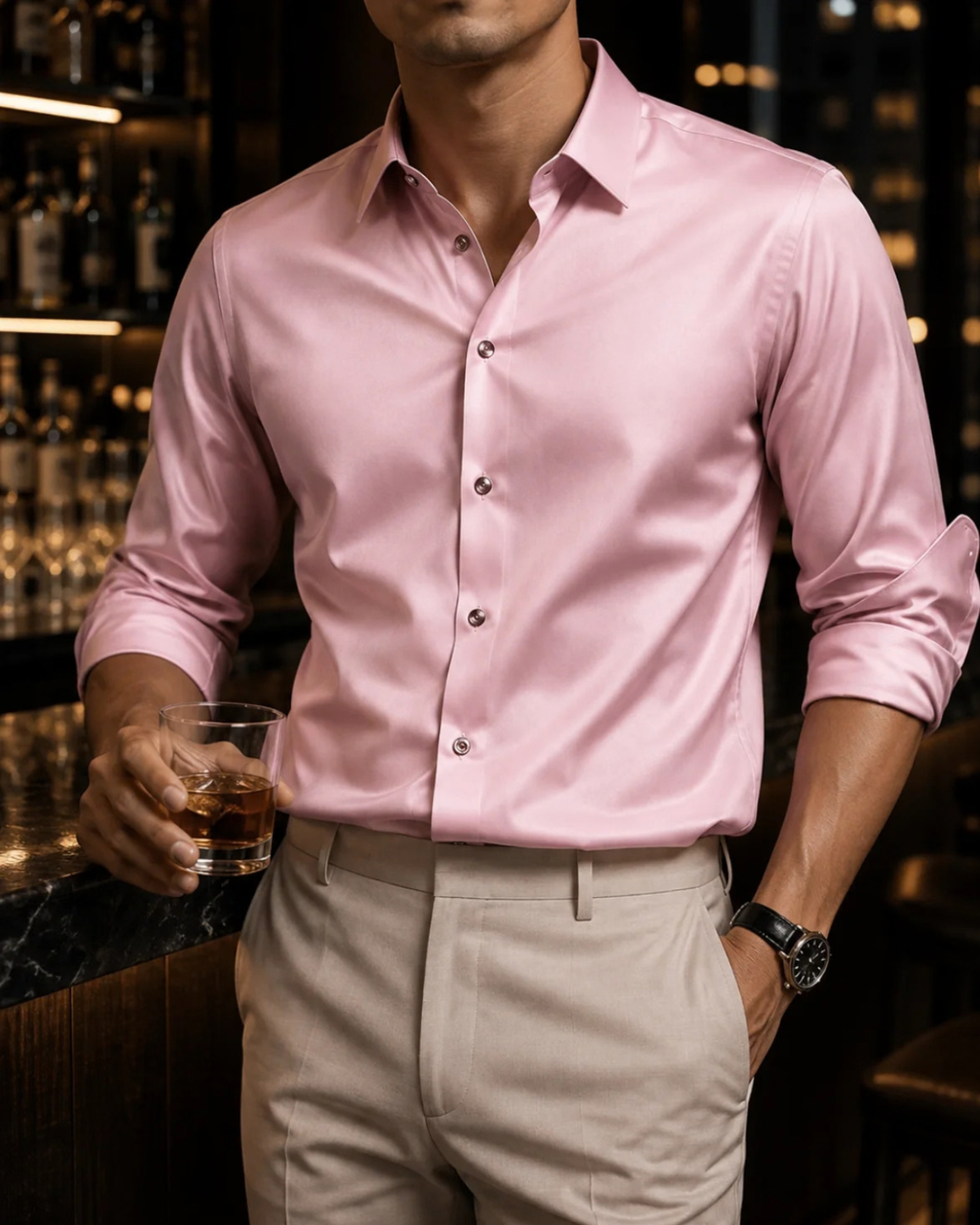 Satin Slim-Fit Shirt for Men with Long Sleeves