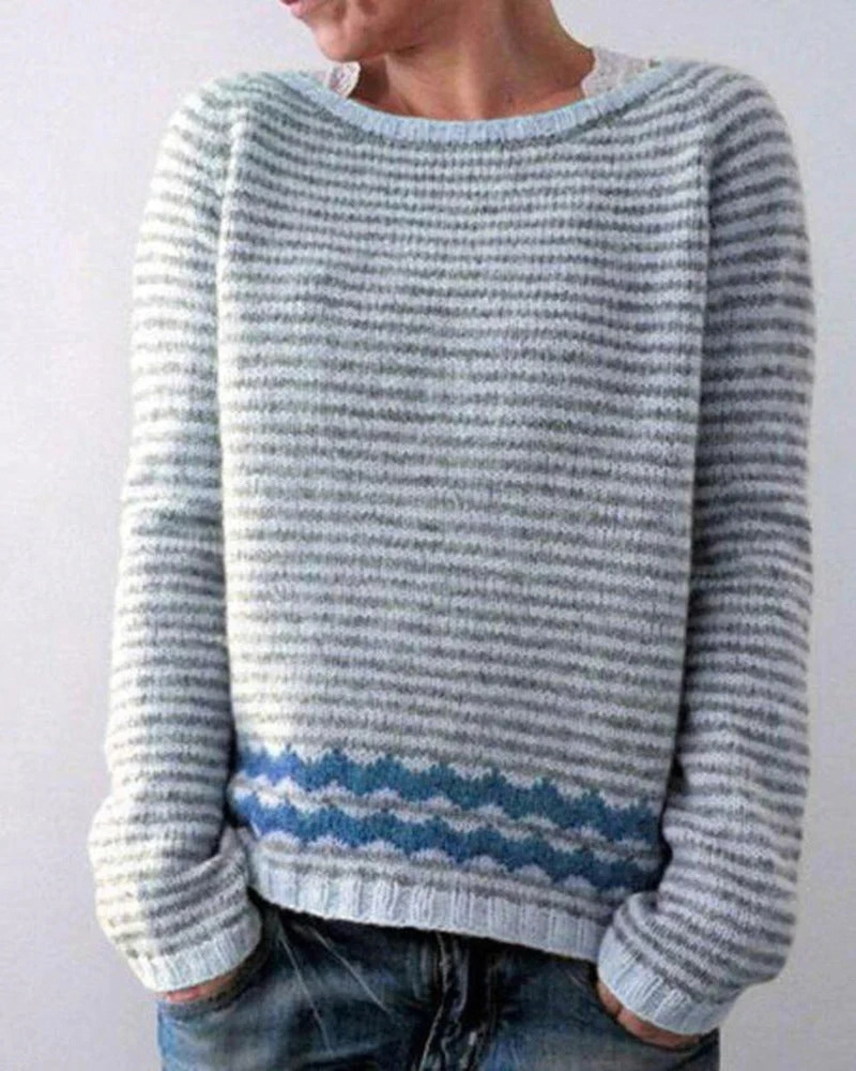 Striped Sweater for Women with Chevron Hem
