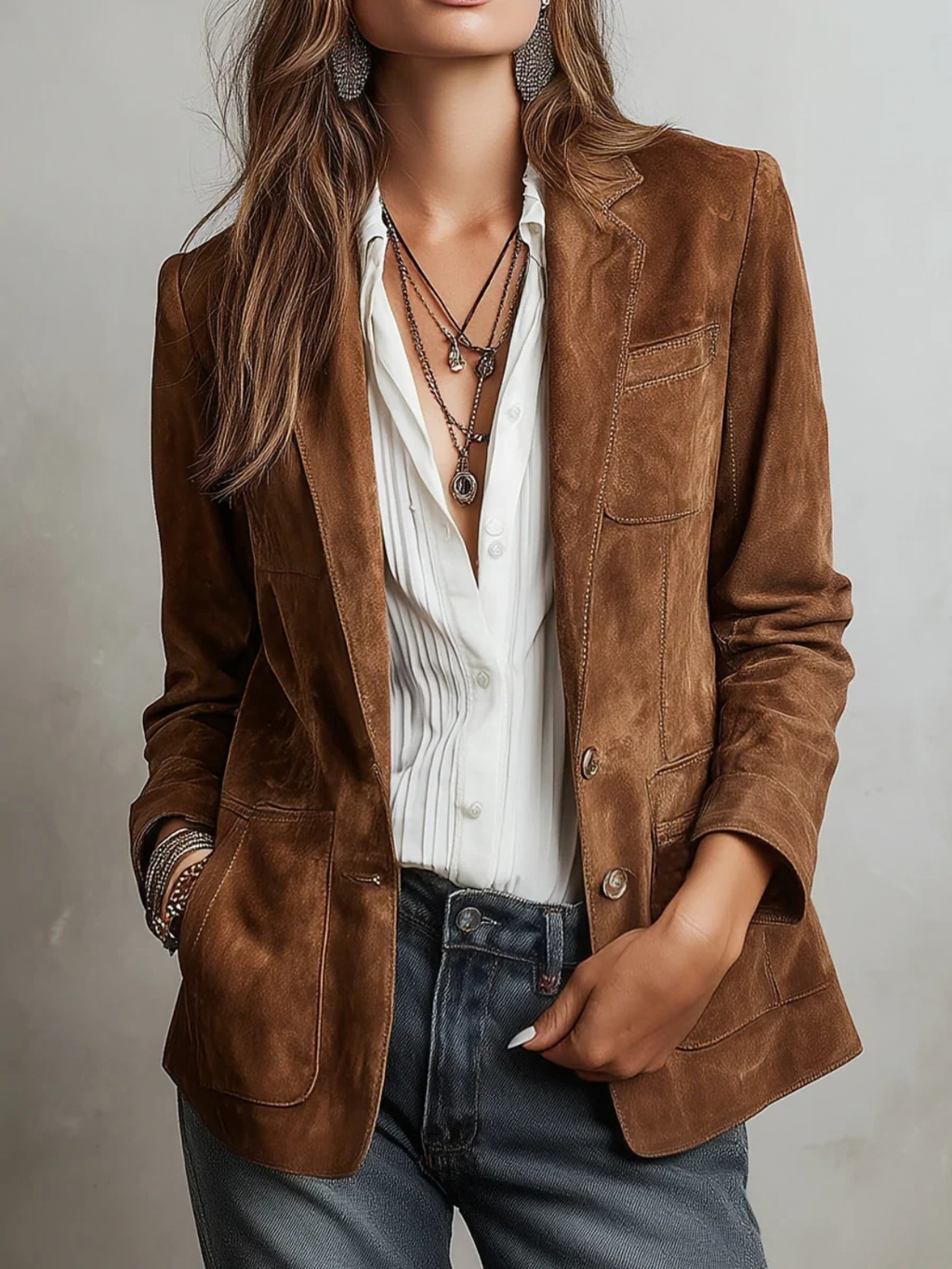 Suede Button-Down Blazer for Women with Notch Lapel