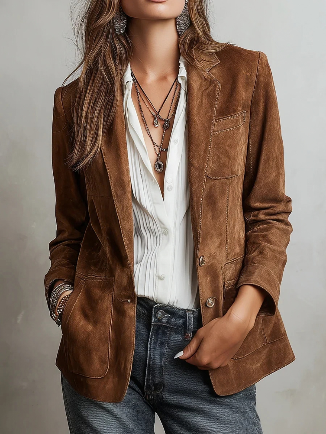 Suede Button-Down Blazer for Women with Notch Lapel