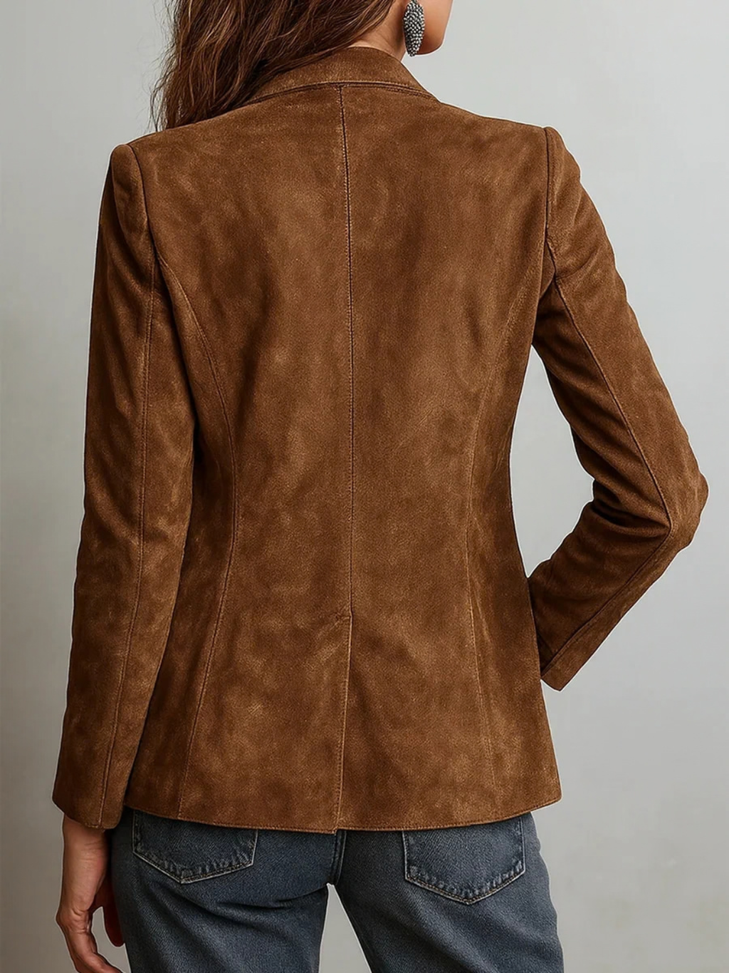Suede Button-Down Blazer for Women with Notch Lapel