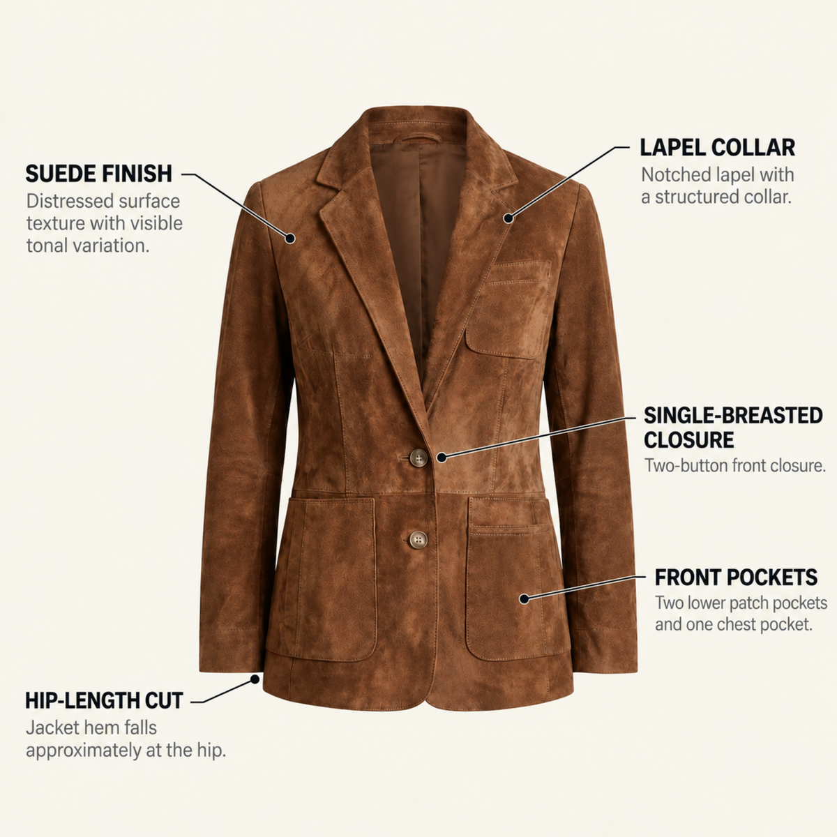 Suede Button-Down Blazer for Women with Notch Lapel