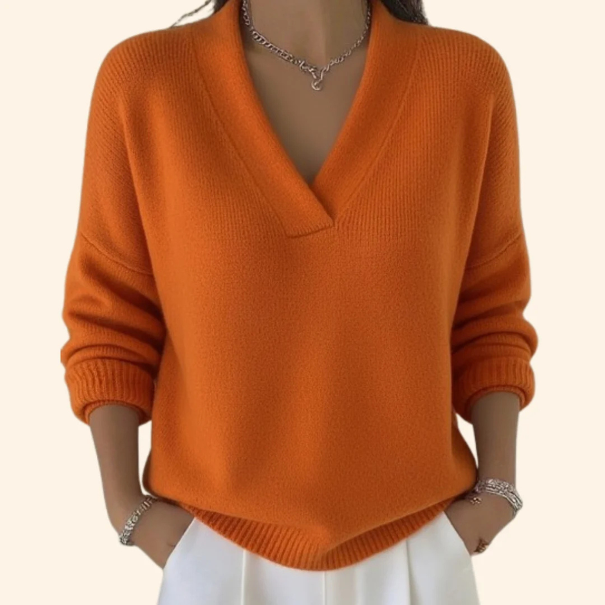 V-Neck Sweater for Women with Dropped Shoulder