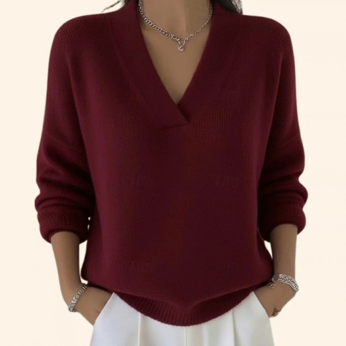 V-Neck Sweater for Women with Dropped Shoulder