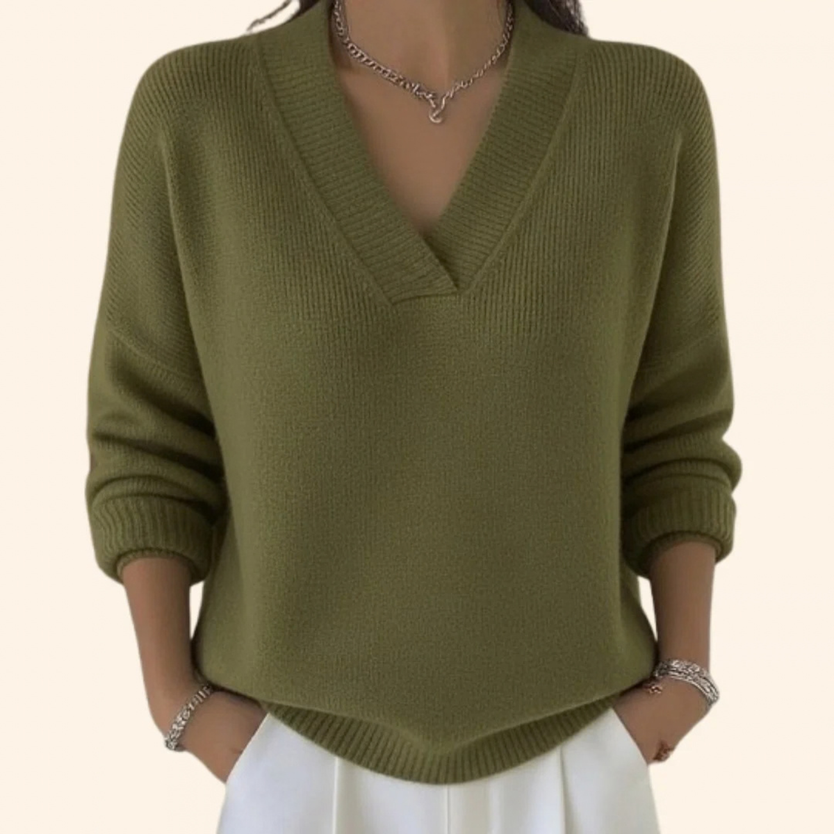 V-Neck Sweater for Women with Dropped Shoulder